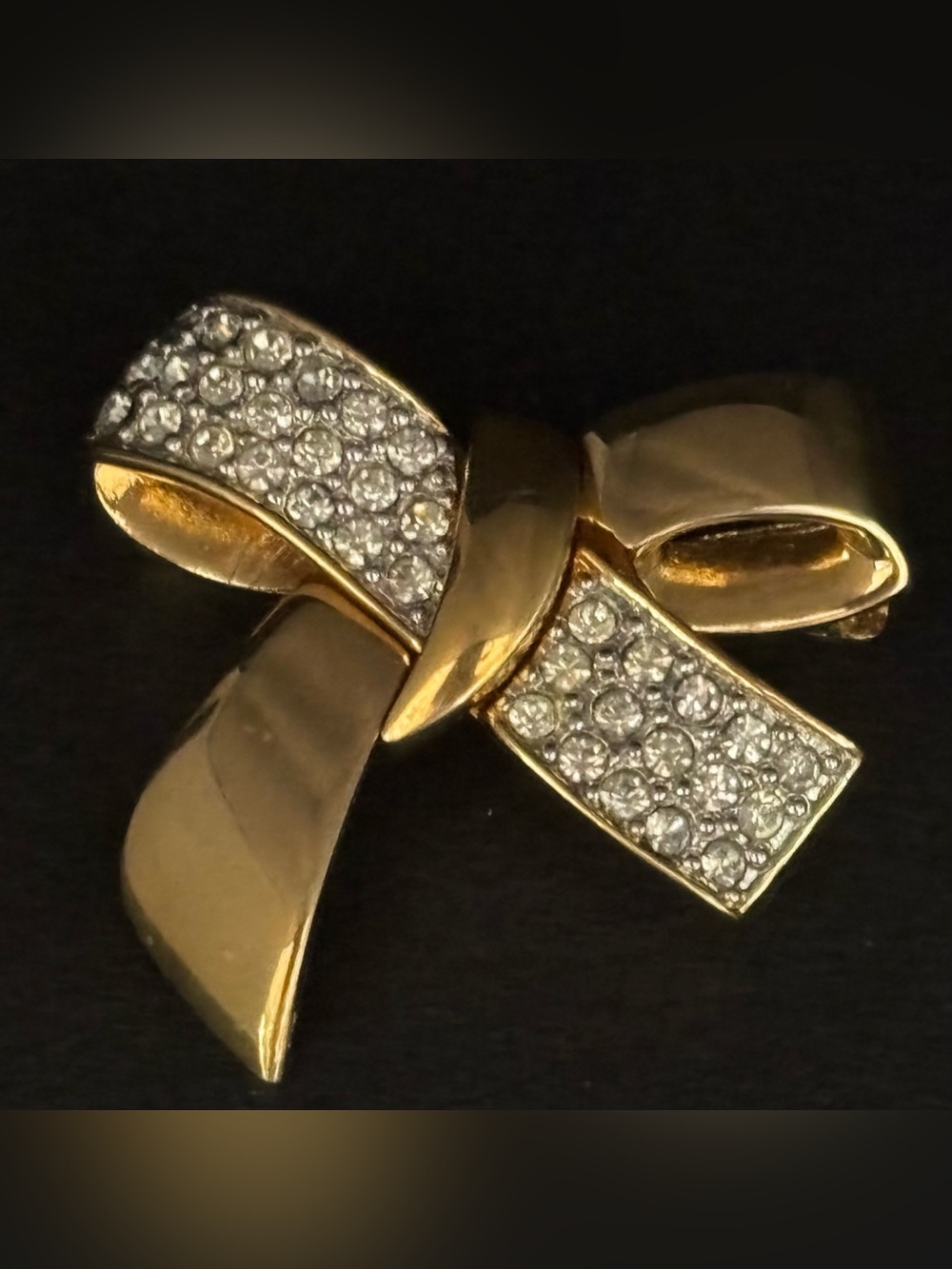 Vintage MONET Gold Tone Pave Rhinestone Ribbon Bow Brooch Pin 1980s Retro Glam